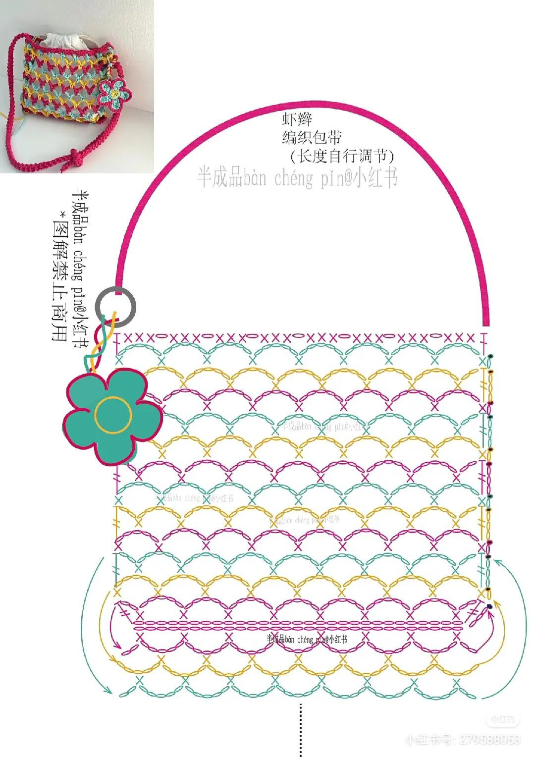 Colorful Crochet Bag Pattern Chart with Flower Detail and Adjustable Strap