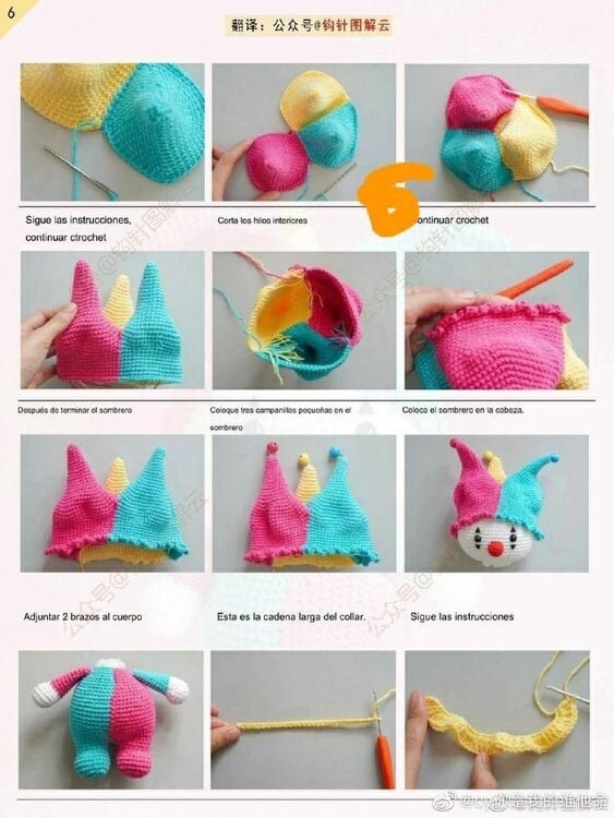 Colorful Crochet Clown Doll Pattern Chart with Step-by-Step Instructions