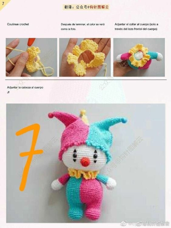 Colorful Crochet Clown Doll Pattern Chart with Step-by-Step Instructions