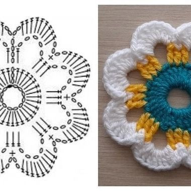Colorful Crochet Flower Motif Flat Charts and Finished Examples