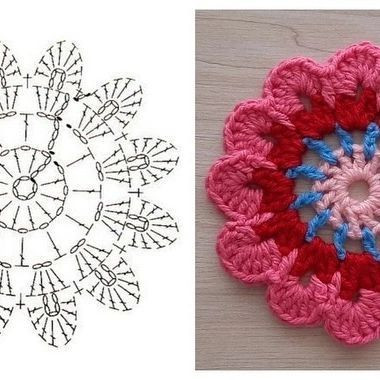 Colorful Crochet Flower Motif Flat Charts and Finished Examples