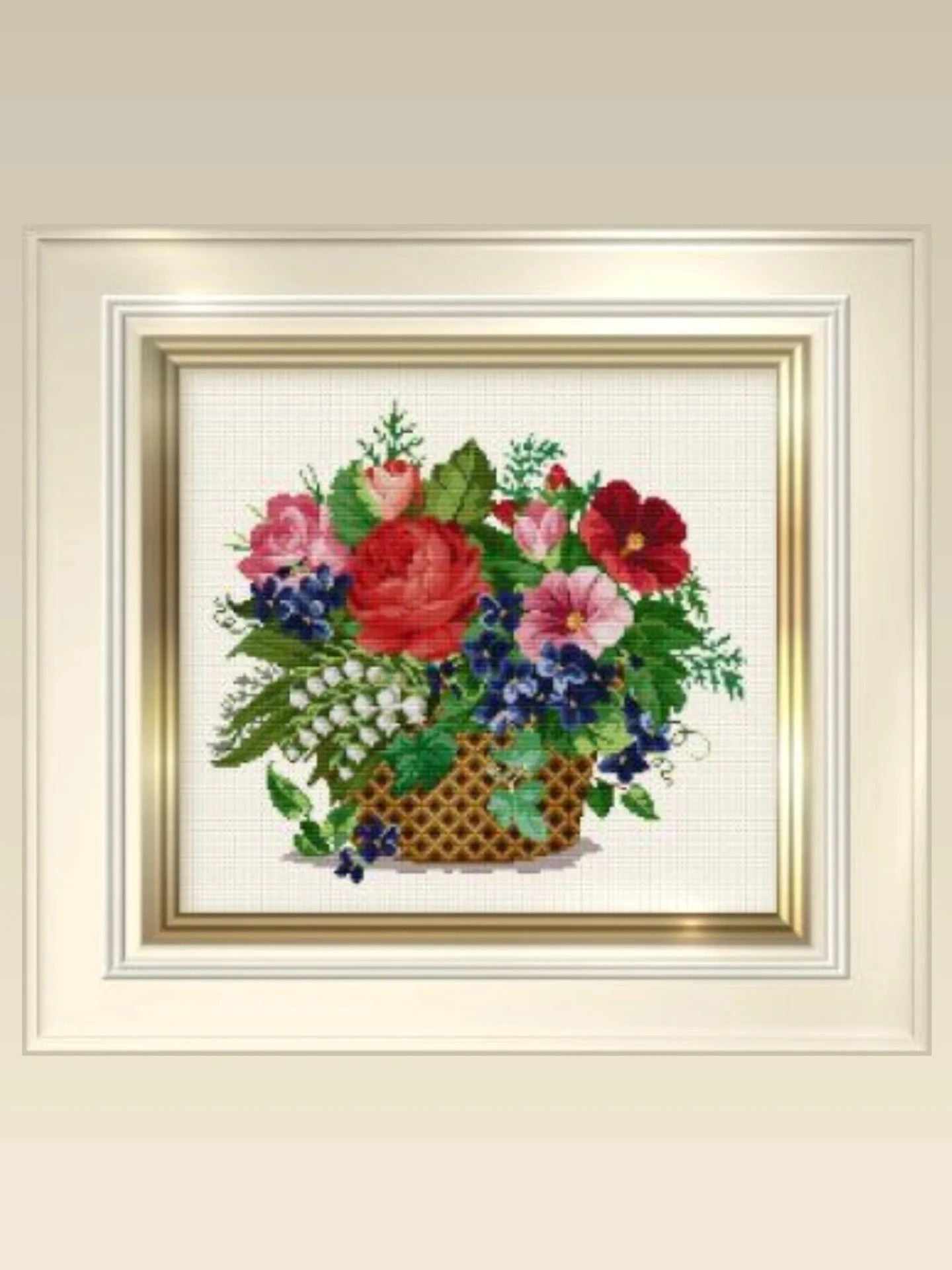 Colorful Floral Bouquet Cross Stitch Pattern Chart with Roses and Blue Flowers in Wicker Basket