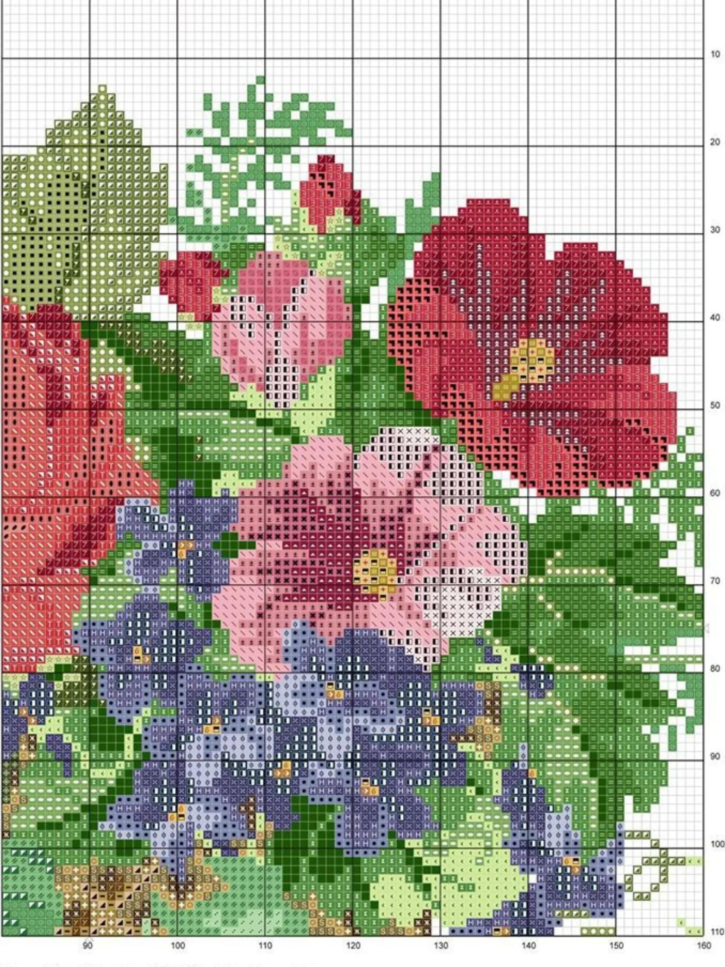 Colorful Floral Bouquet Cross Stitch Pattern Chart with Roses and Blue Flowers in Wicker Basket