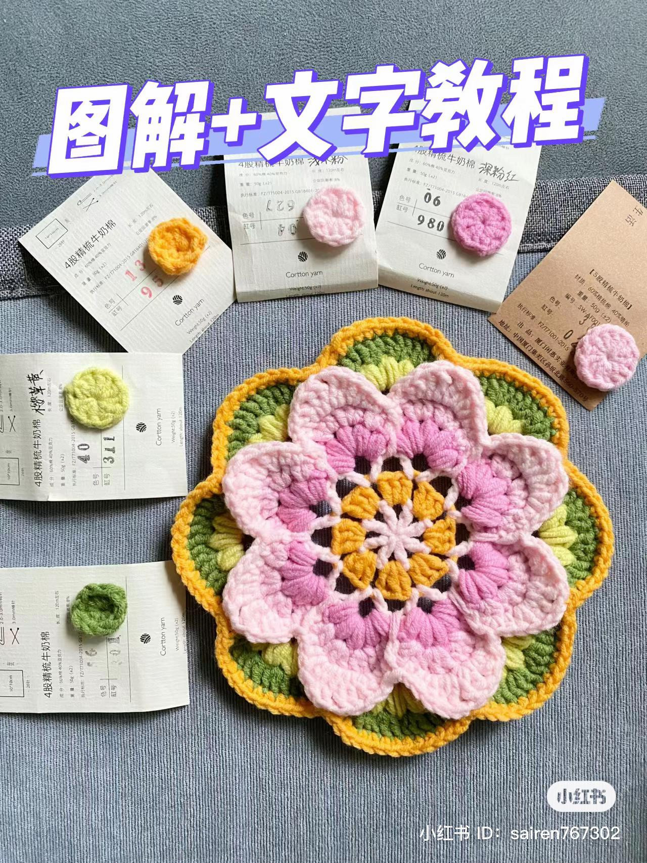 Colorful Flower Crochet Pattern Chart with Text Tutorial