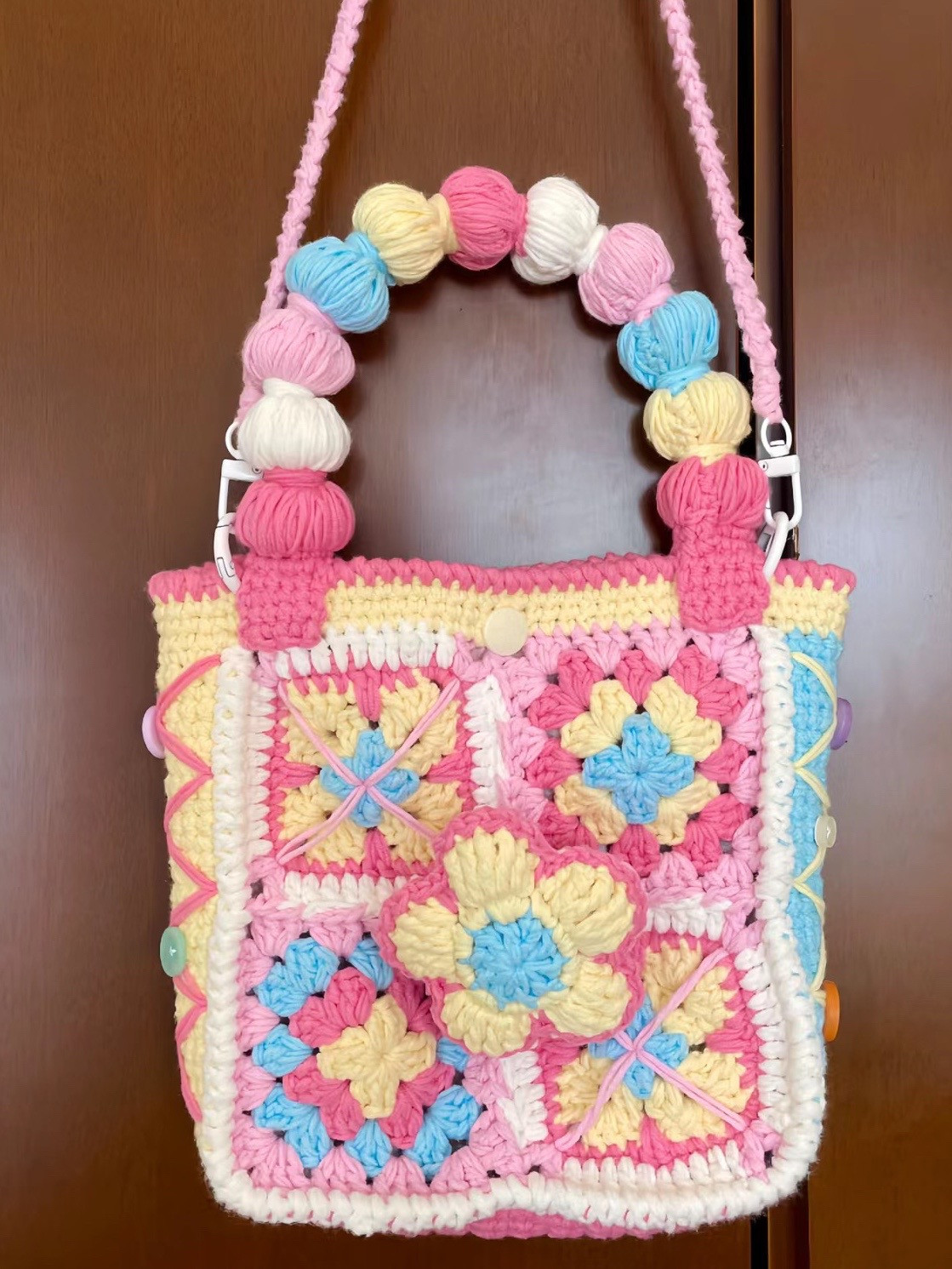Colorful Granny Square Crochet Bag with Beaded Handle and Pattern Chart