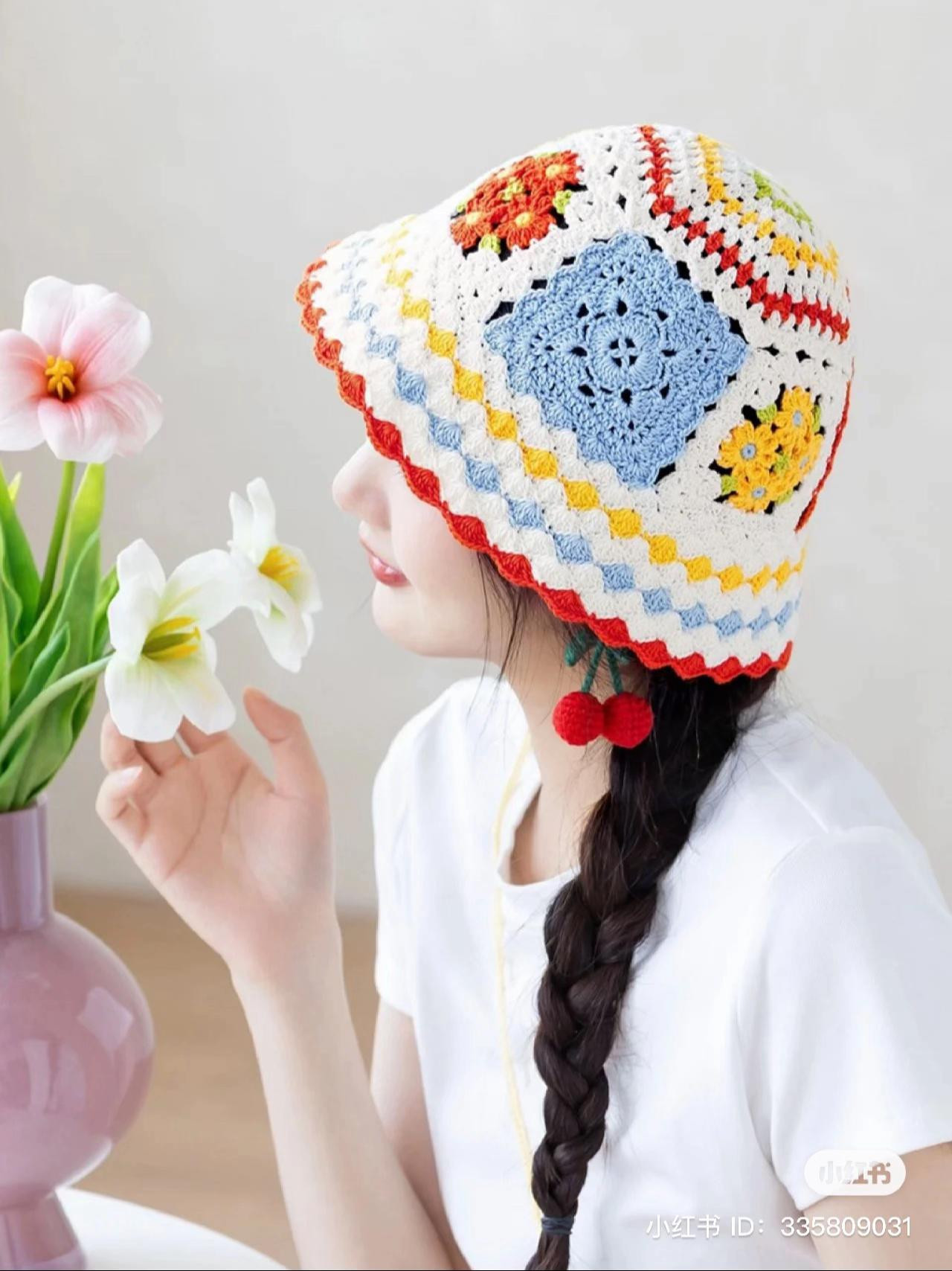 Colorful Granny Square Crochet Bucket Hat Pattern Tutorial with Stitch Chart