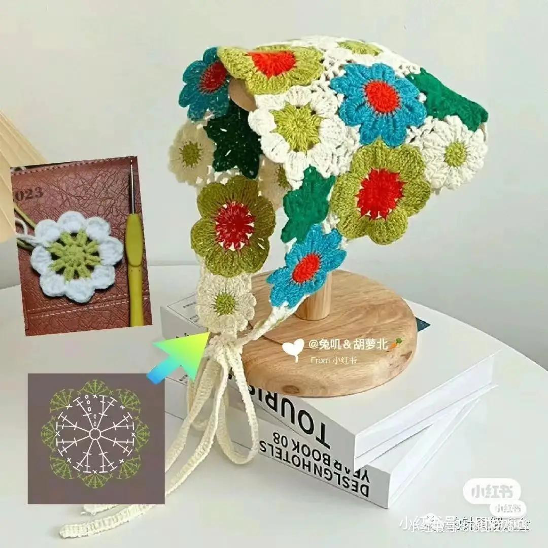 Colorful Granny Square Flower Headscarf Crochet Pattern and Tutorial