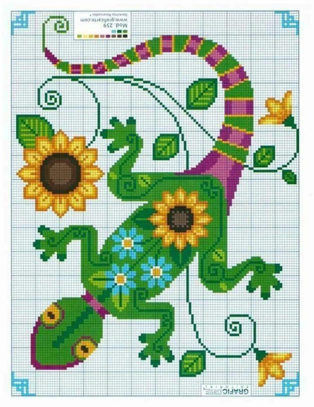 Colorful Peacock, Bird, and Chameleon Pixel Charts for Cross Stitch by Graficarte