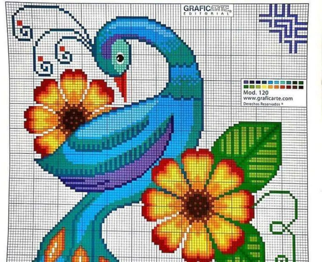Colorful Peacock, Bird, and Chameleon Pixel Charts for Cross Stitch by Graficarte