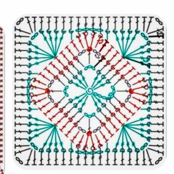 Colorful Red and Teal Crochet Motif Flat Chart Pattern