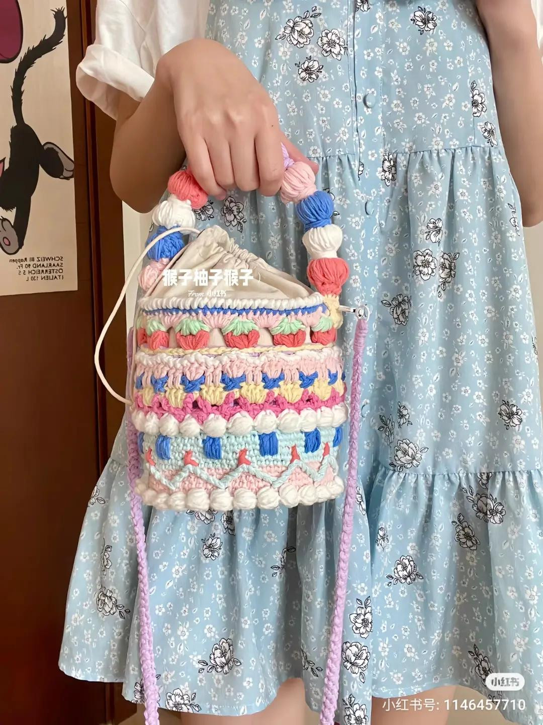 Colorful Strawberry Cake Bucket Bag Crochet Pattern Chart with Bobble Stitch and Pom Handle