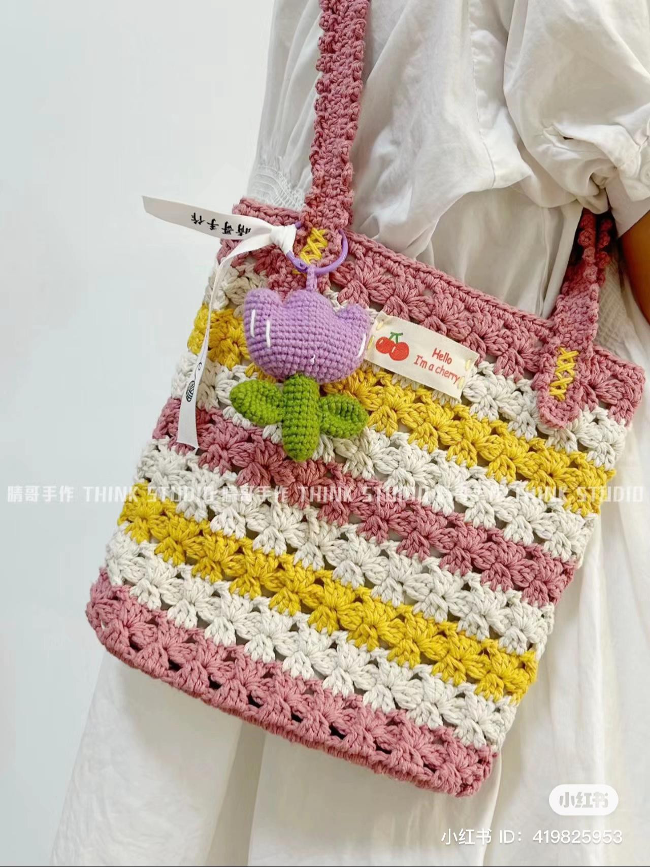 Colorful Striped Crochet Bag Pattern Chart with Flower Stitch Design and Cactus Charm Tutorial