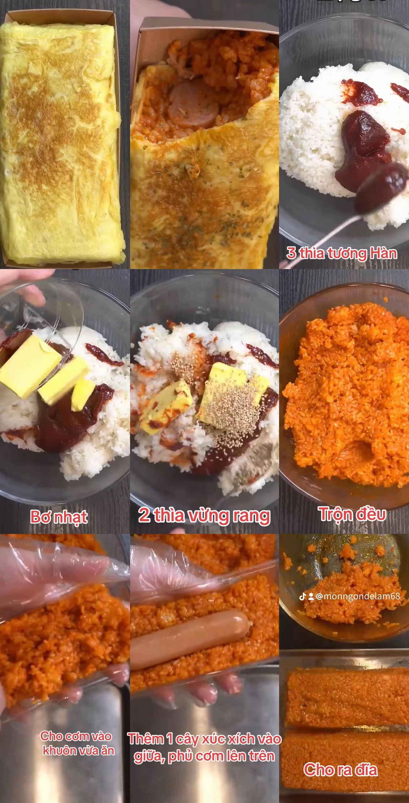 Cơm cá ngừ kiểu Hàn cuộn trứng với thịt bò băm và xúc xích