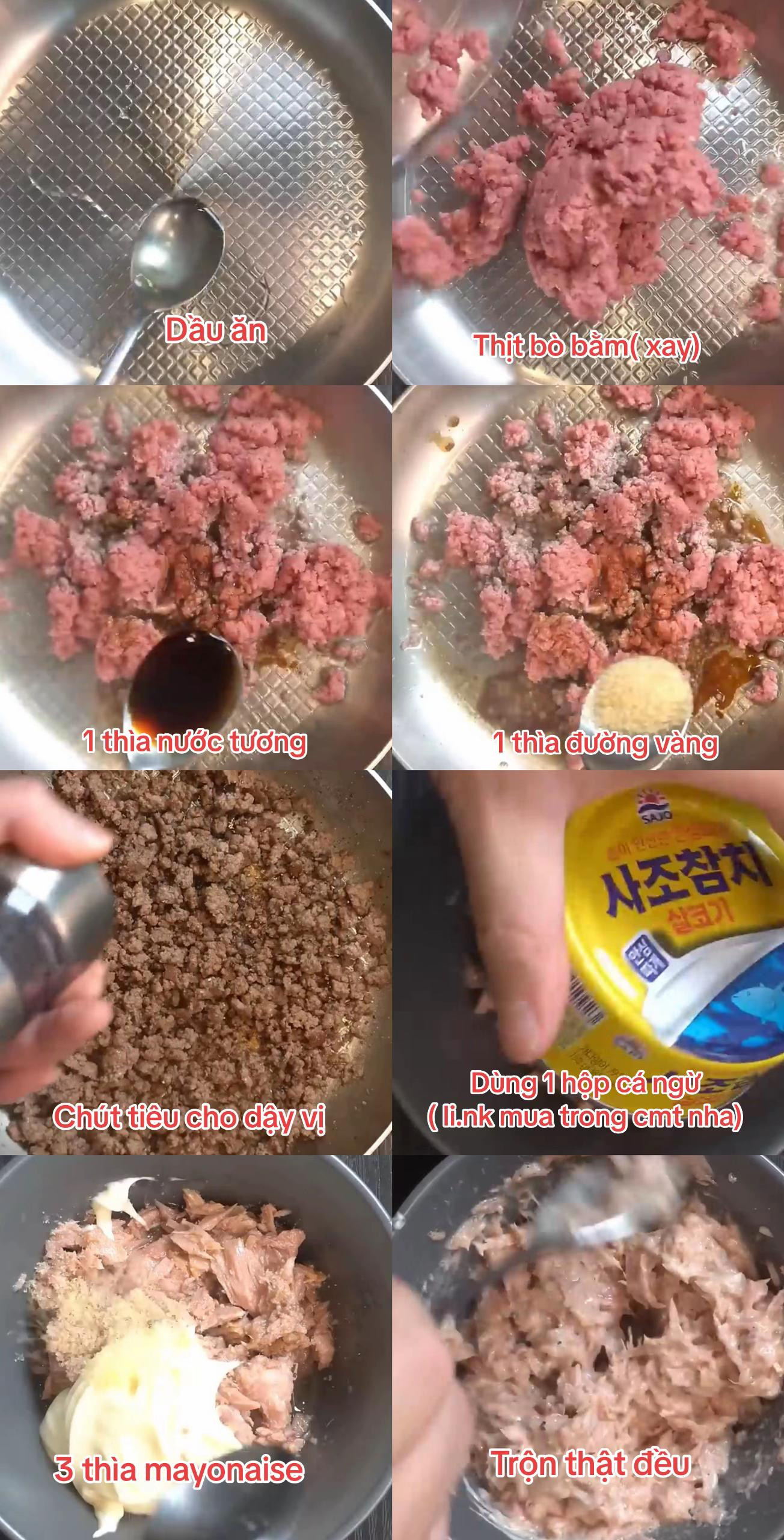 Cơm cá ngừ kiểu Hàn cuộn trứng với thịt bò băm và xúc xích