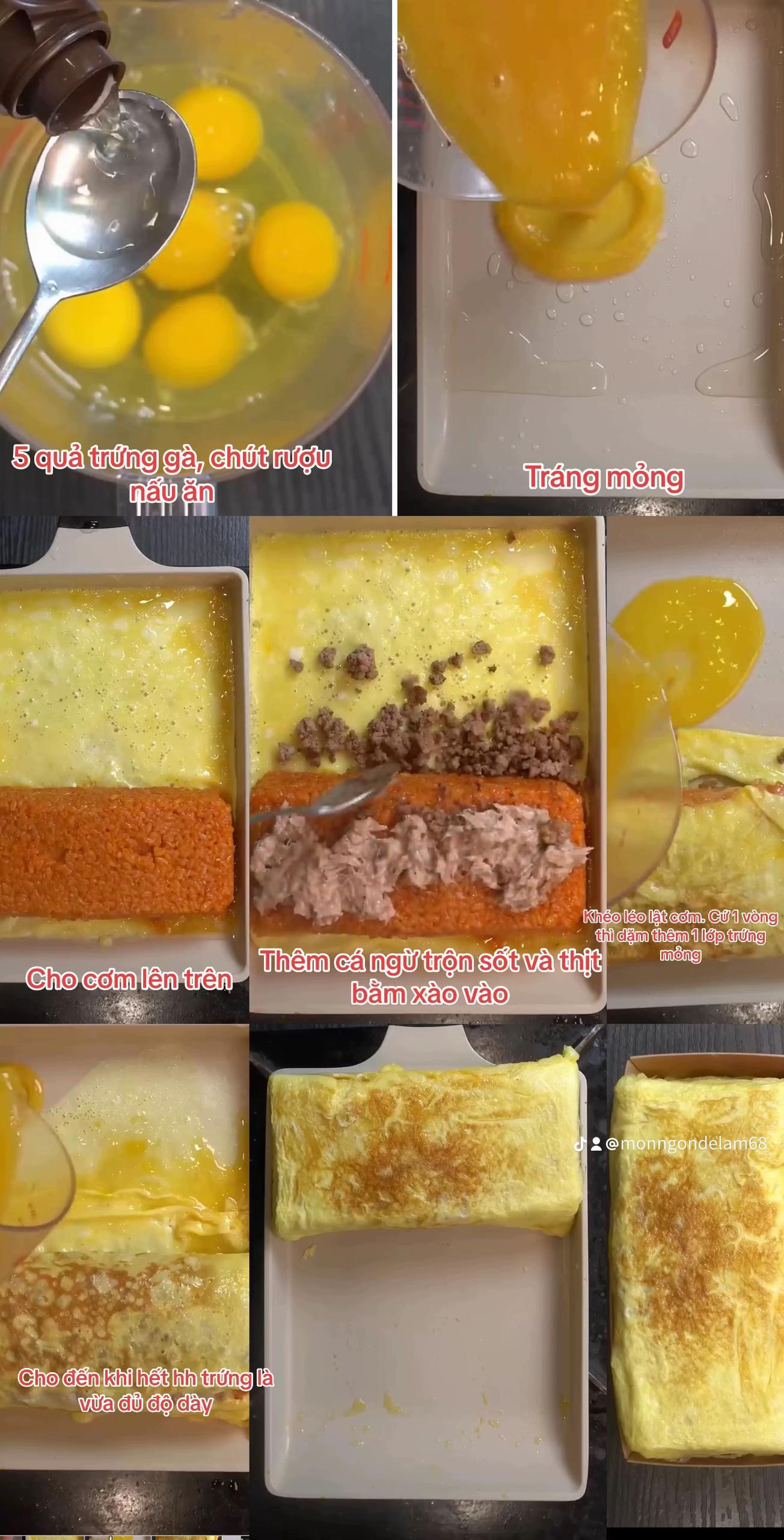 Cơm cá ngừ kiểu Hàn cuộn trứng với thịt bò băm và xúc xích