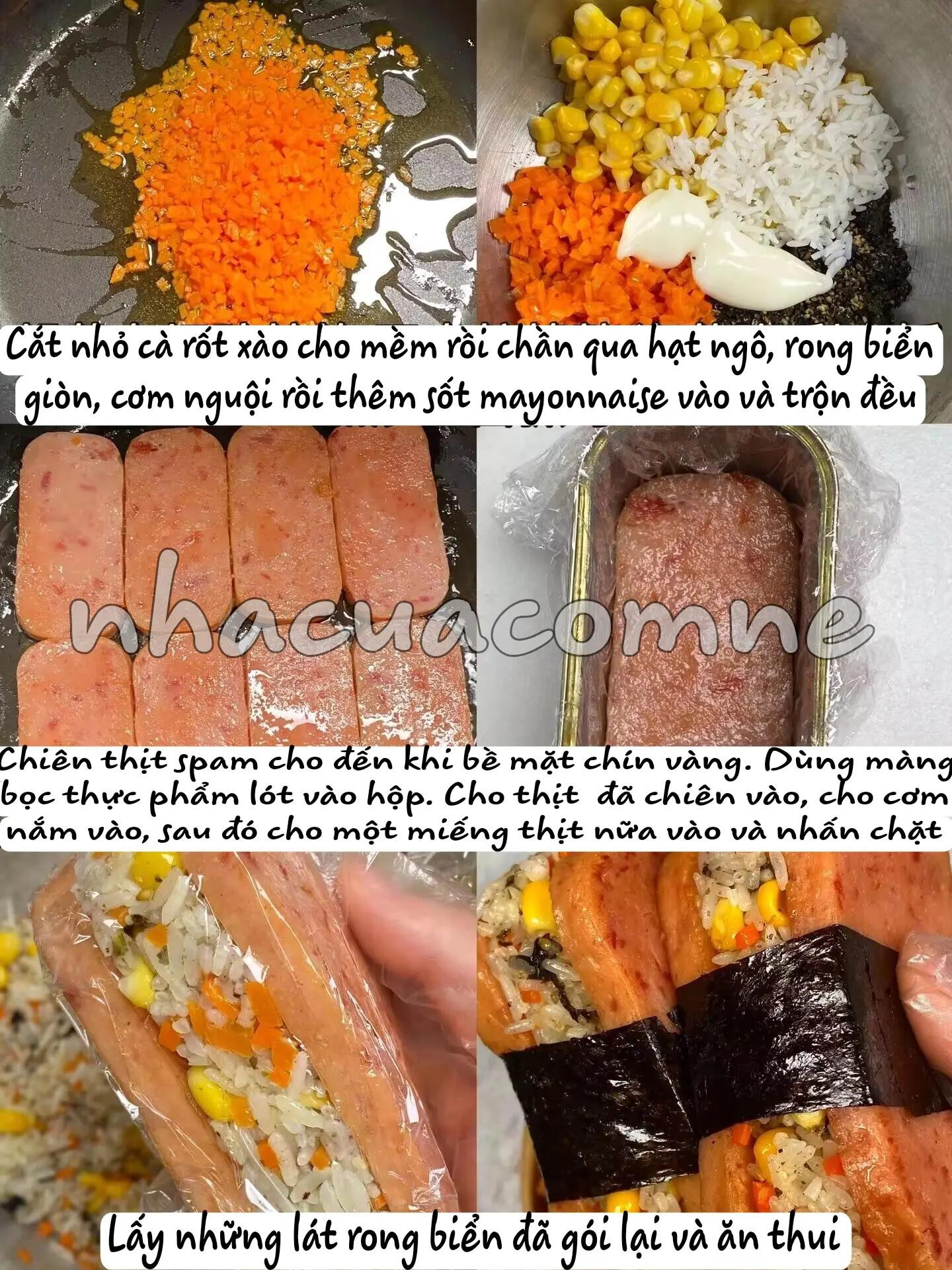 Cơm cuộn thịt spam với ngô, cà rốt và rong biển giòn