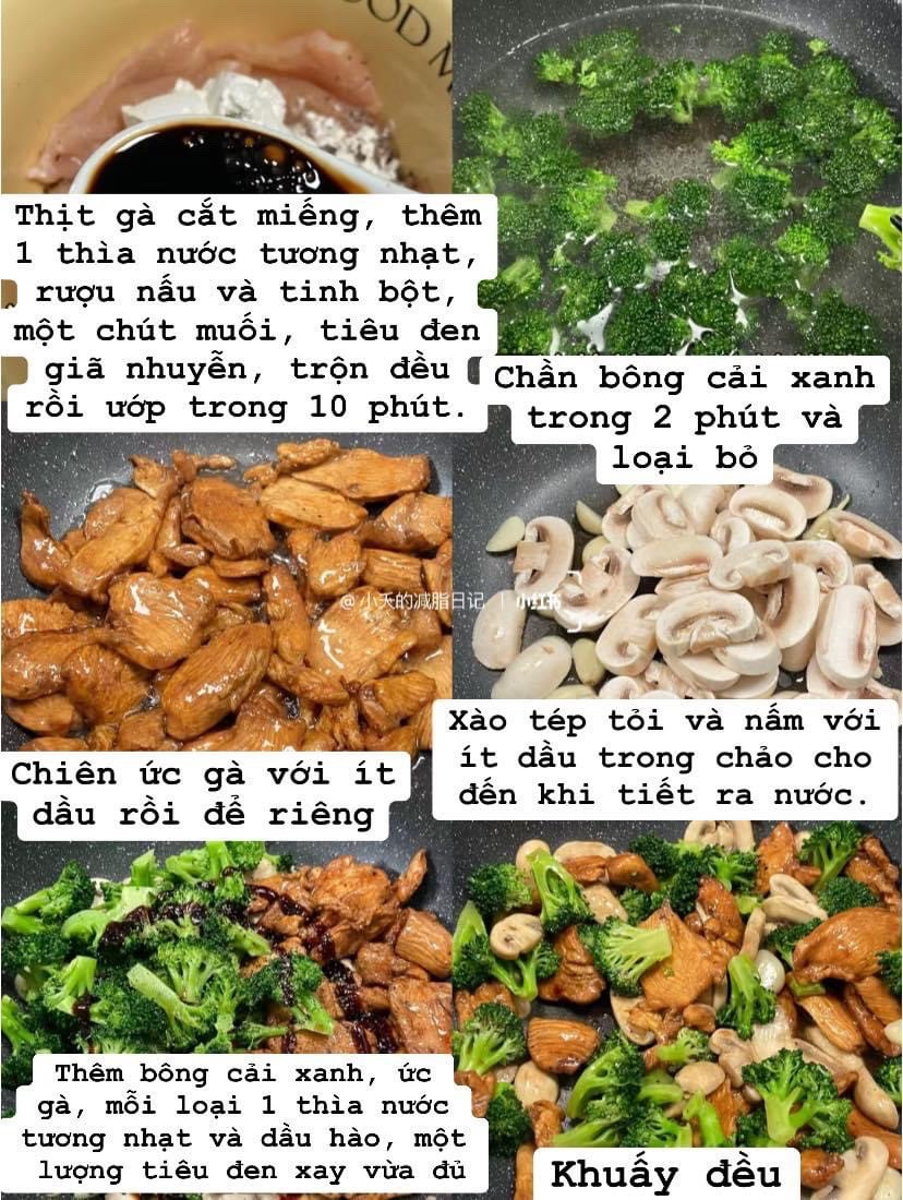 Cơm hộp ức gà xào bông cải xanh và nấm hương