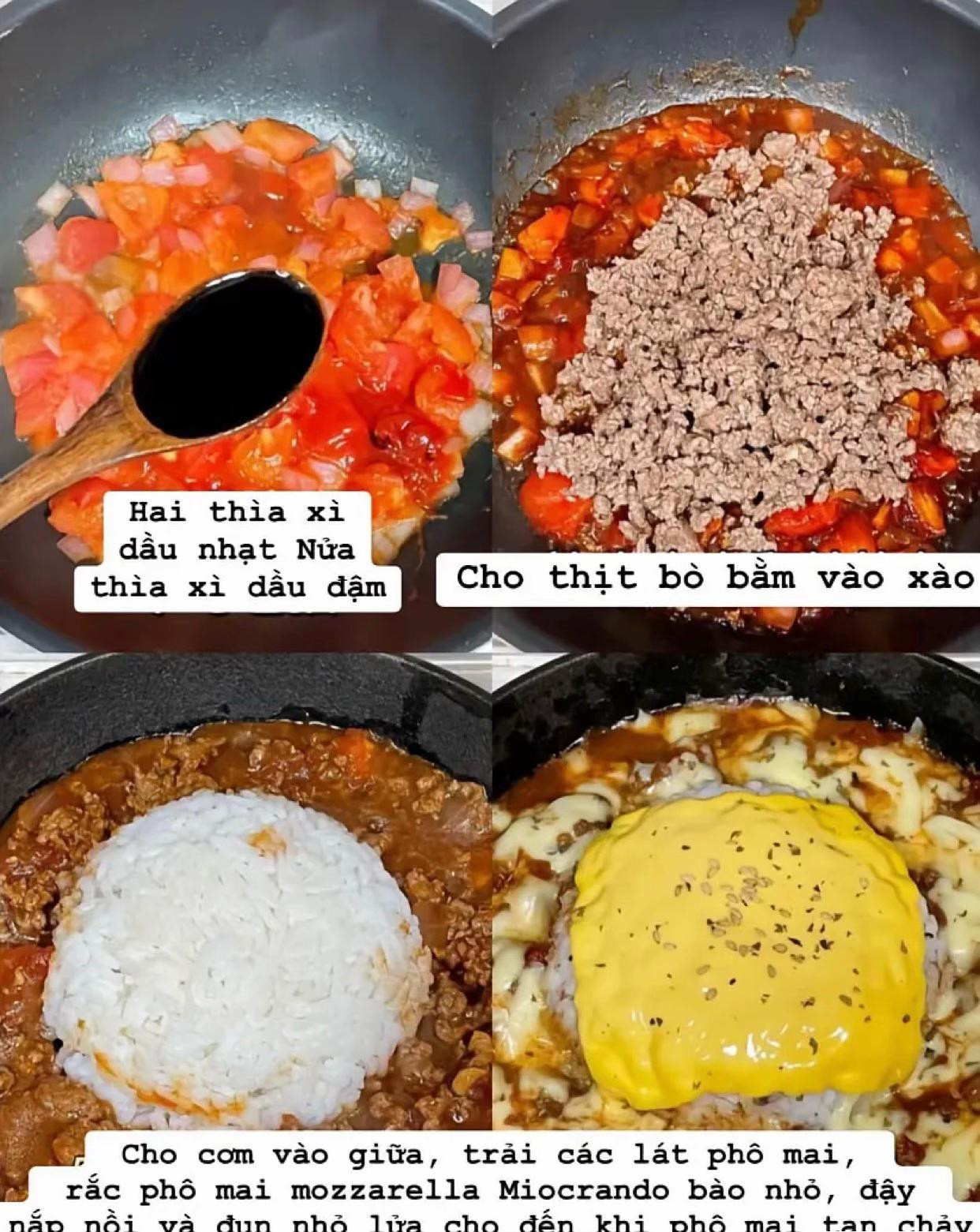 Cơm lưỡi cực ngon: Cơm chiên thịt bò, cà chua và phô mai với trứng ốp la