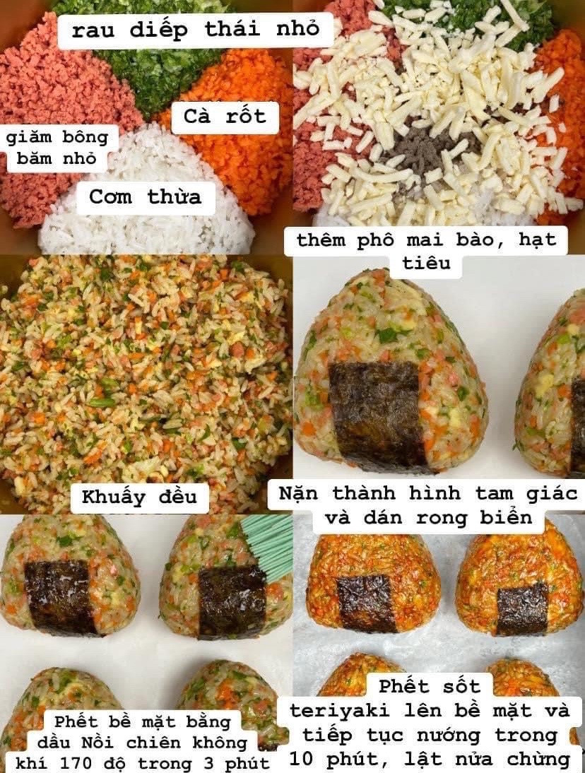 Cơm nắm tam giác sốt Teriyaki nướng giòn với phô mai và rau củ