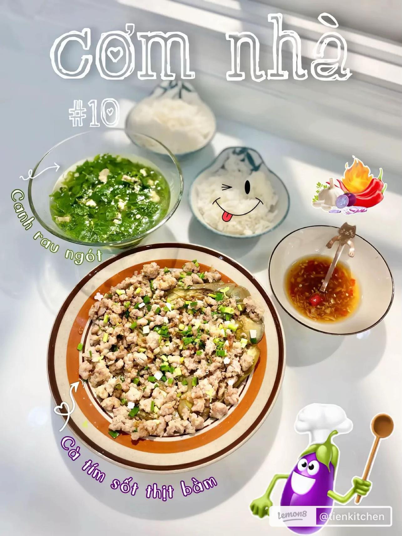 Cơm nhà #10: Cà tím sốt thịt bằm và canh rau ngót