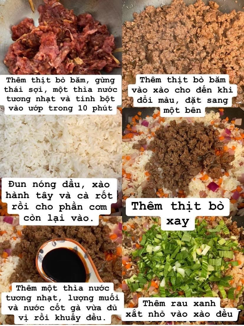 Cơm trộn bò: Hướng dẫn cách làm cơm rang thịt bò ngon với cà rốt, hành tây và rau xanh