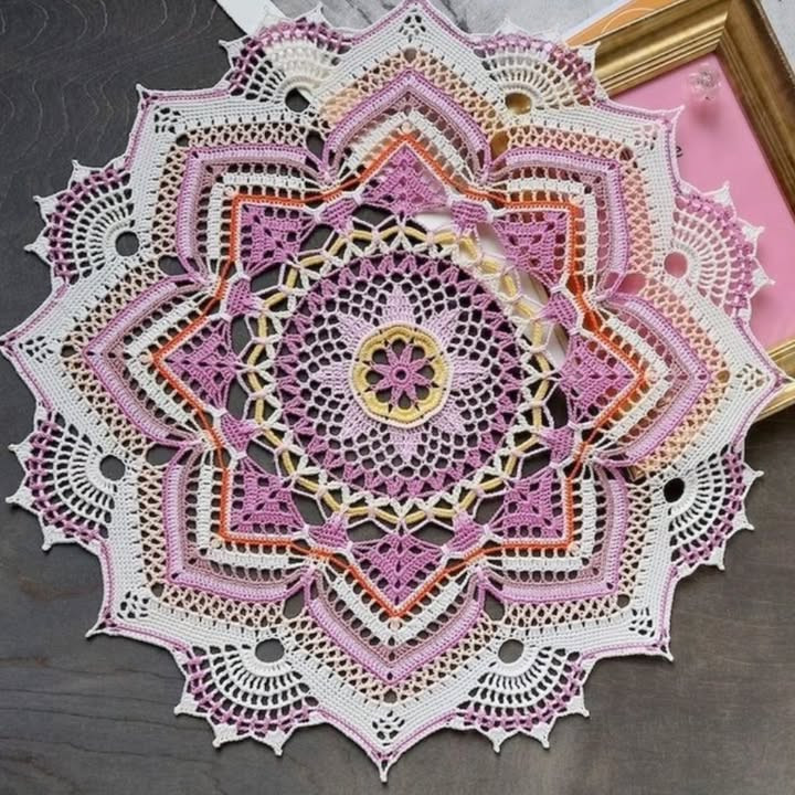 Complex Multi-Color Mandala Crochet Placemat with Detailed Flat Chart Pattern