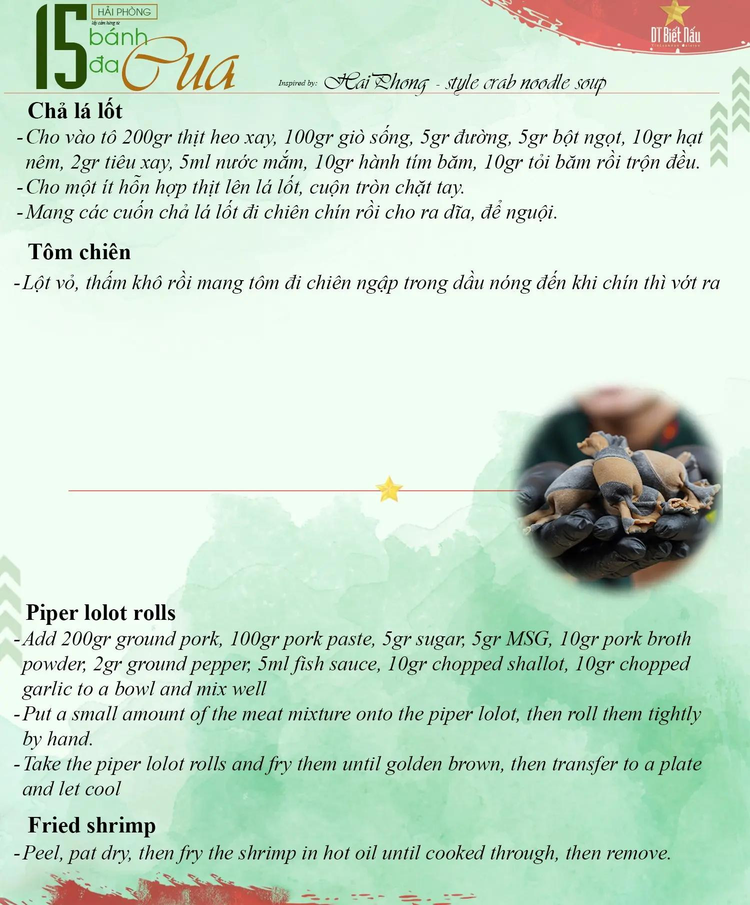 Công thức Bánh đa cua Hải Phòng - Sợi bánh đa, nước dùng gạch cua đậm đà, chả cá chiên và chả lá lốt