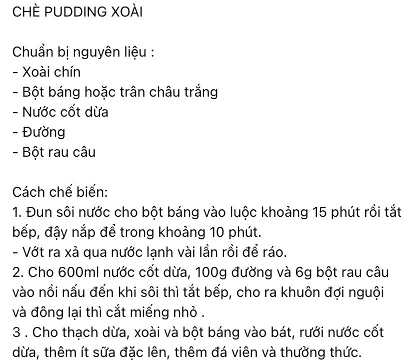 Công thức Chè Xoài Pudding với thạch dừa, bột báng và sữa đặc