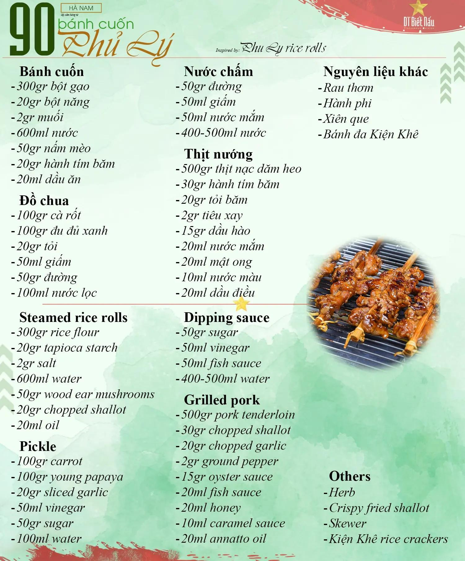 Công thức chi tiết Bánh cuốn Phủ Lý Hà Nam với thịt nướng và nước chấm đặc trưng