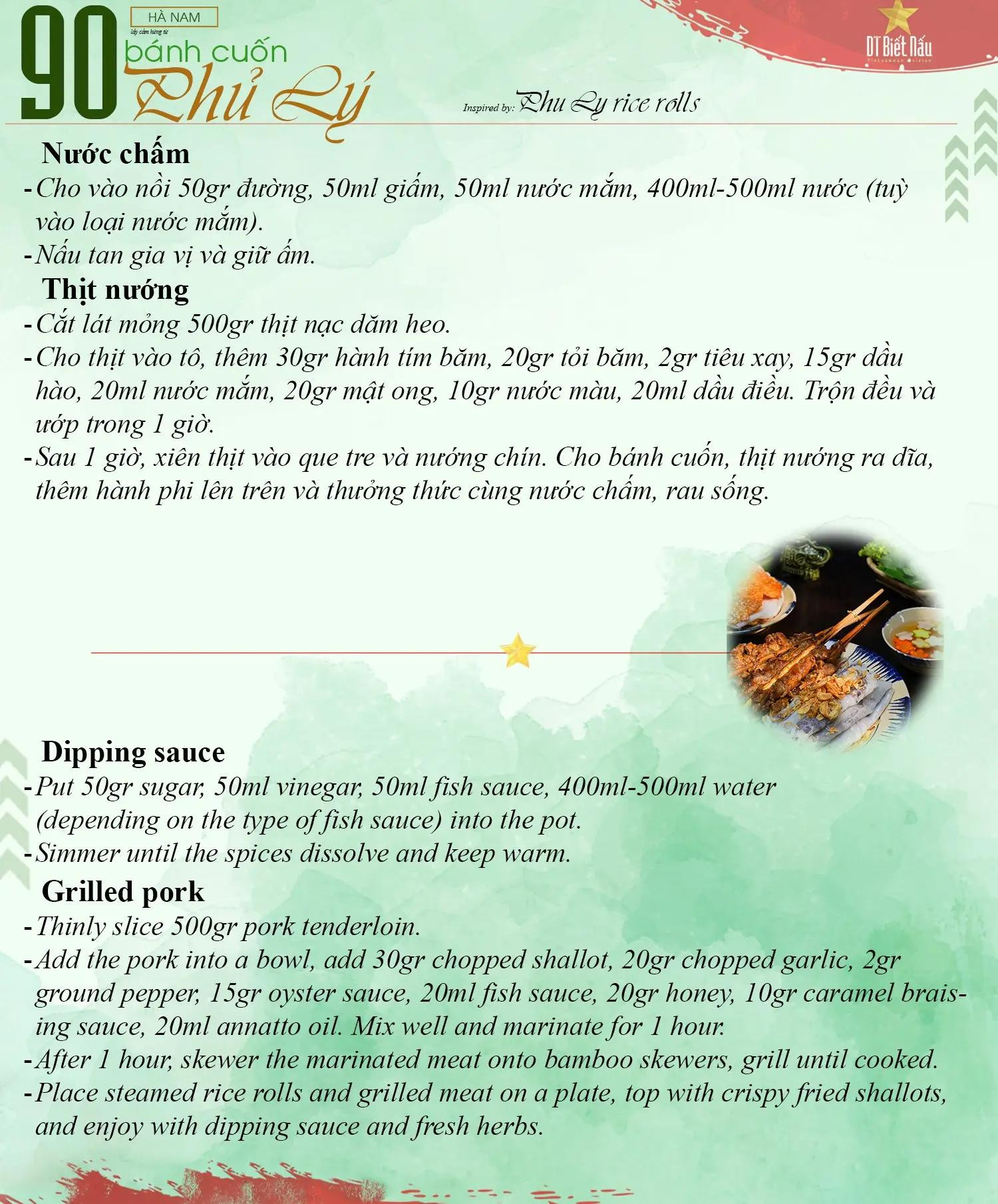 Công thức chi tiết Bánh cuốn Phủ Lý Hà Nam với thịt nướng và nước chấm đặc trưng