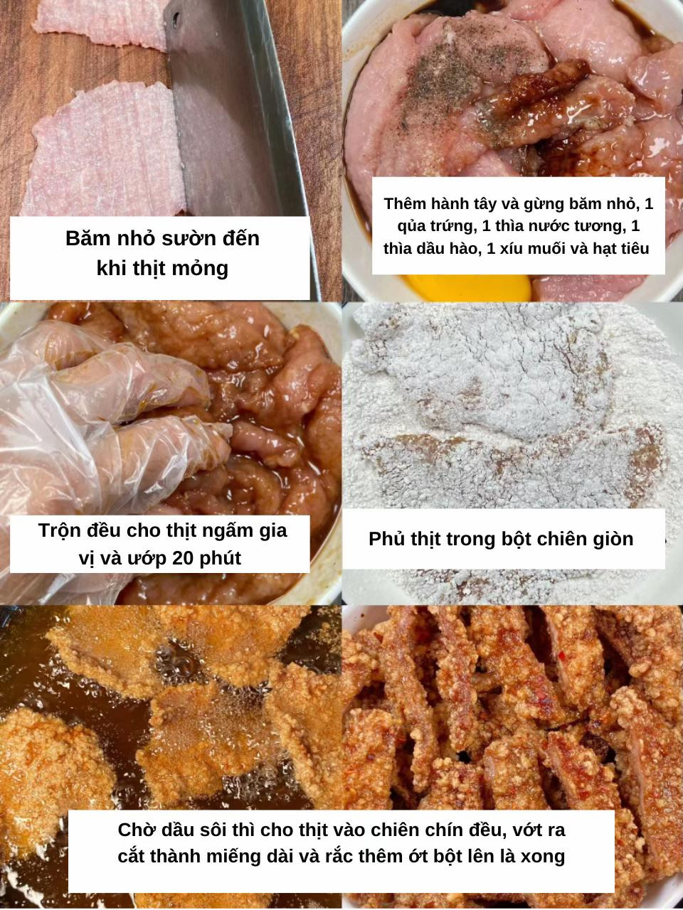 Công thức Cốt Lết Chiên Giòn: Thịt heo bằm mỏng, ướp gia vị và chiên giòn rụm