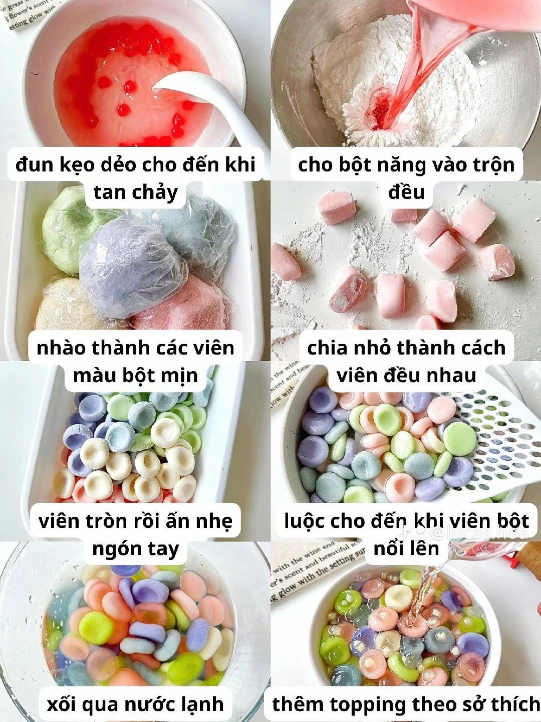 Công thức làm bánh trôi ngũ sắc, viên bột màu sắc rực rỡ ăn kèm topping