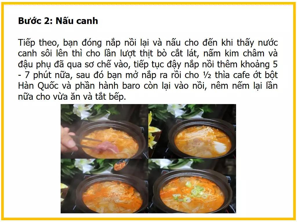 Công thức làm canh kim chi đậu phụ thịt bò và nấm kim châm ngon tại nhà
