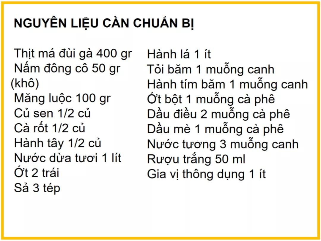 Công thức làm Gà kho rau củ với măng, sen và nước dừa
