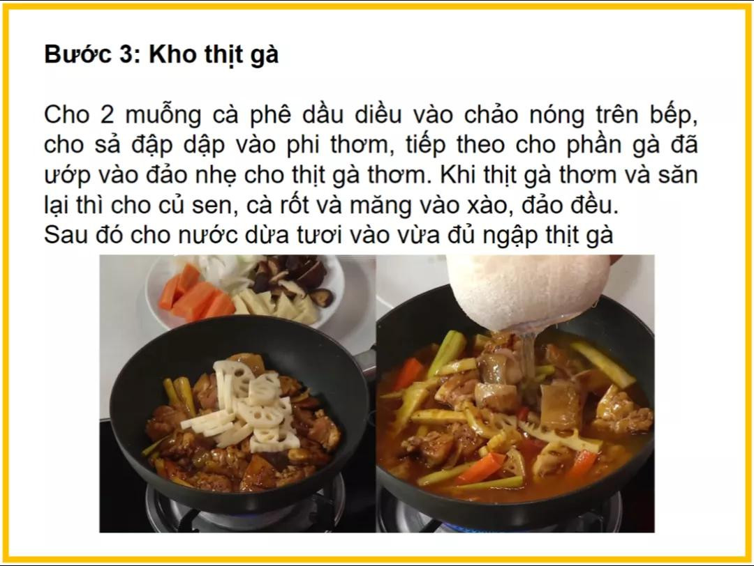 Công thức làm Gà kho rau củ với măng, sen và nước dừa