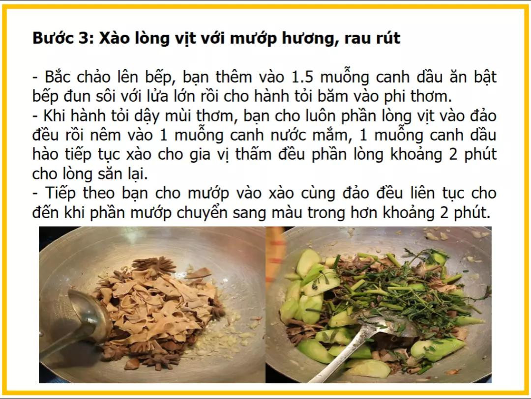 Công thức làm lòng vịt xào mướp hương, rau rút