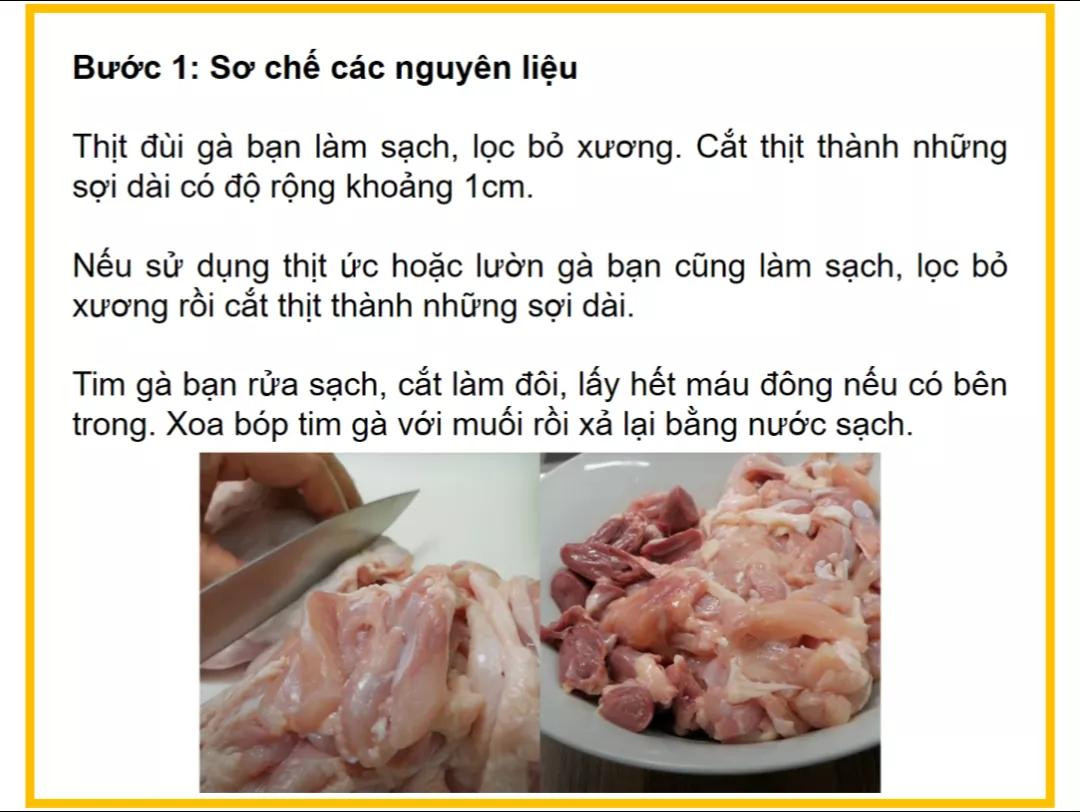 Công thức làm mì xào gà chua cay với thịt đùi, tim gà và nấm bào ngư