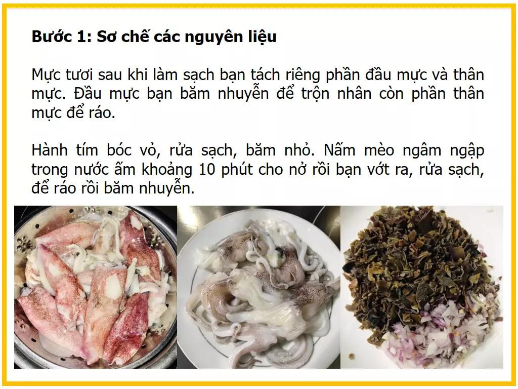 Công thức làm mực nhồi thịt chiên giòn vàng, nhân thịt băm nấm mèo hành tím đậm đà