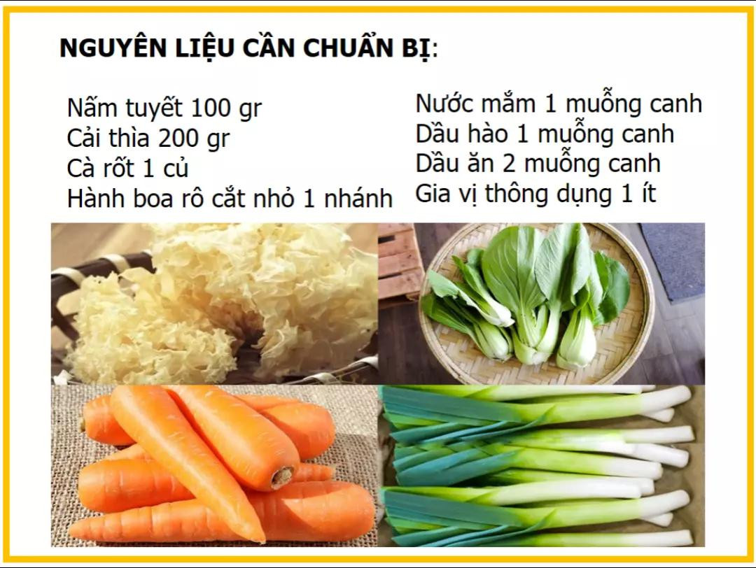 Công thức làm nấm tuyết xào với cải thìa và cà rốt