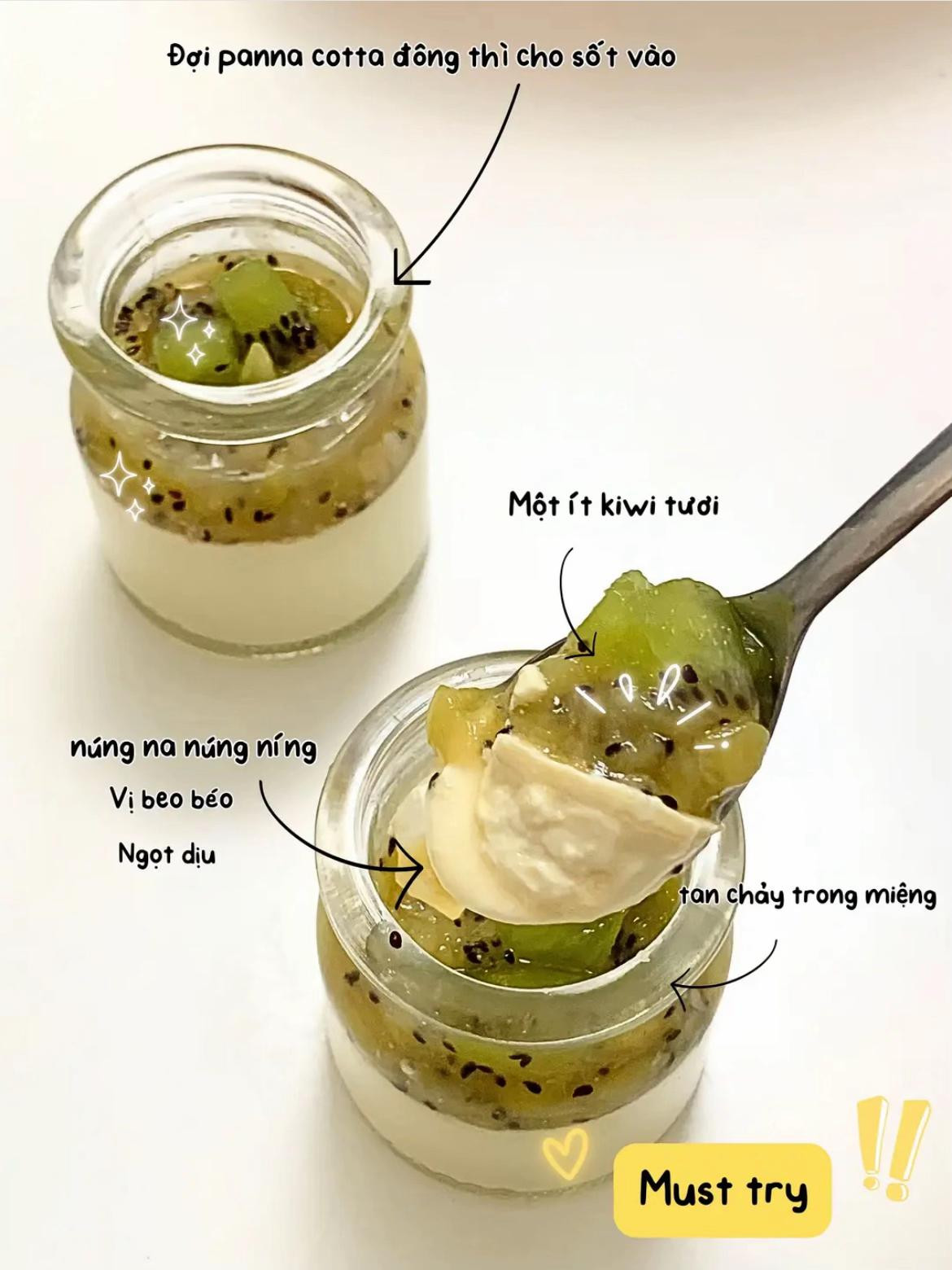 Công thức làm Panna Cotta Kiwi Healthy với sốt trái cây tươi tự chế, món tráng miệng béo ngậy