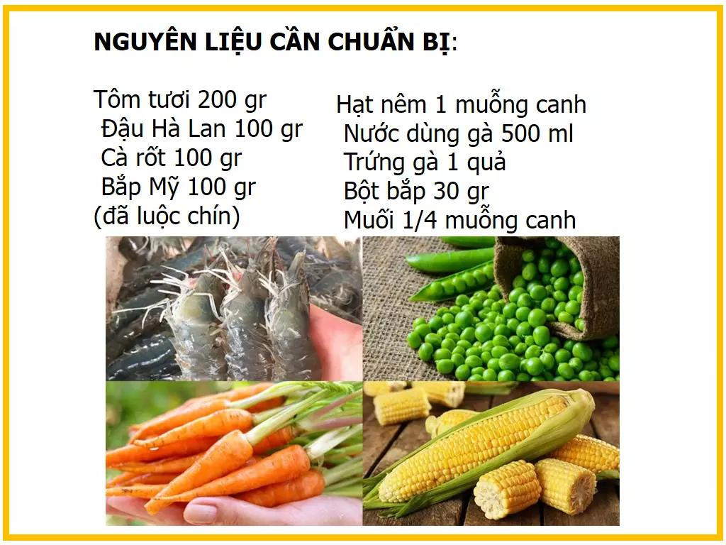 Công thức làm Súp tôm trứng rau củ với ngô, cà rốt và đậu Hà Lan