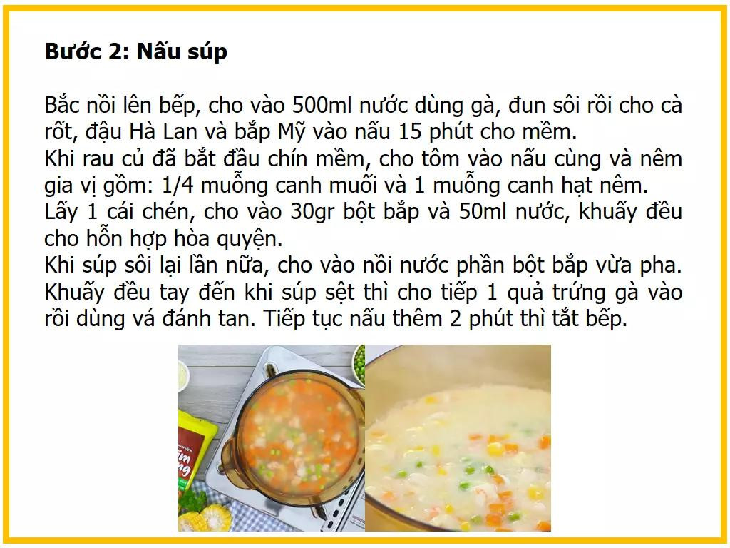 Công thức làm Súp tôm trứng rau củ với ngô, cà rốt và đậu Hà Lan