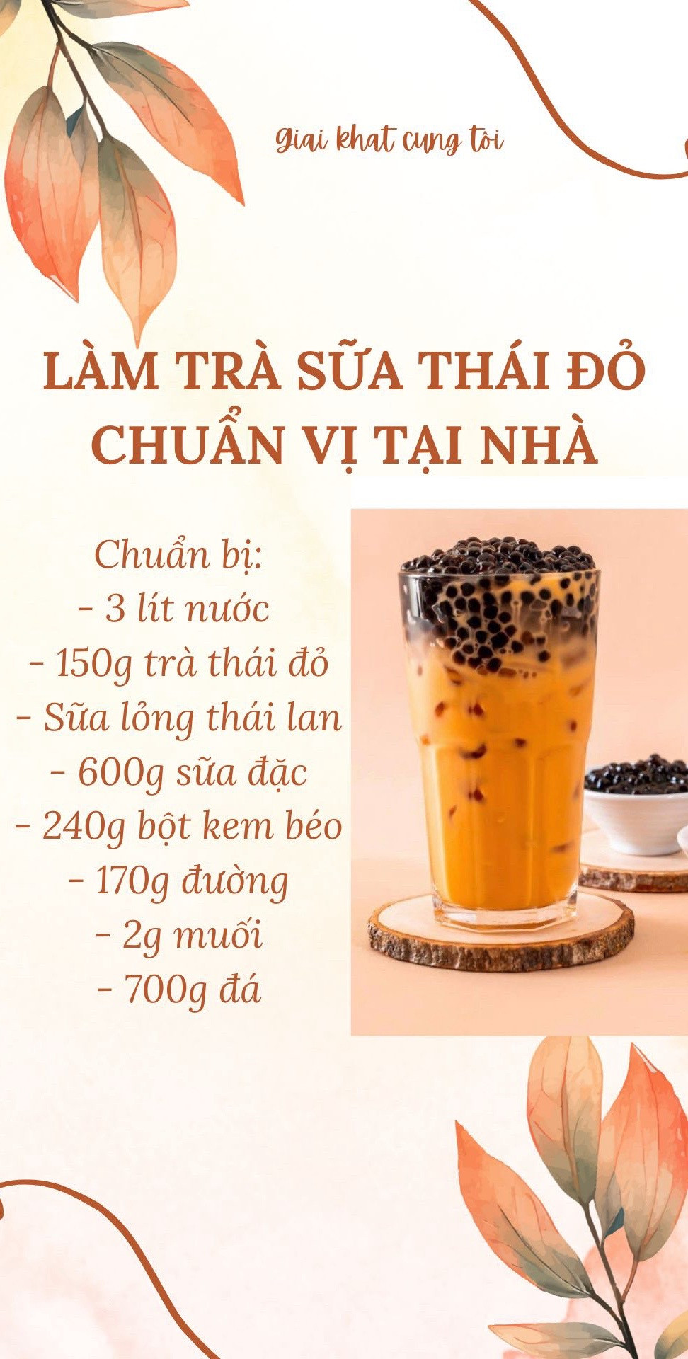 Công thức làm Trà Sữa Thái Đỏ chuẩn vị tại nhà với trân châu đen và sữa đặc