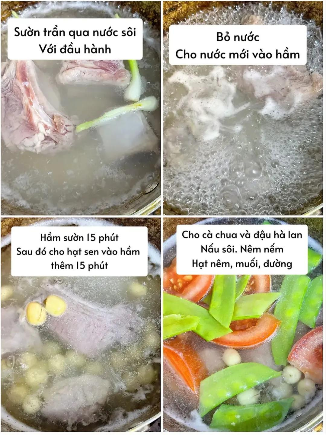 Công thức món canh sườn non nấu hạt sen, đậu hà lan và cà chua thanh mát