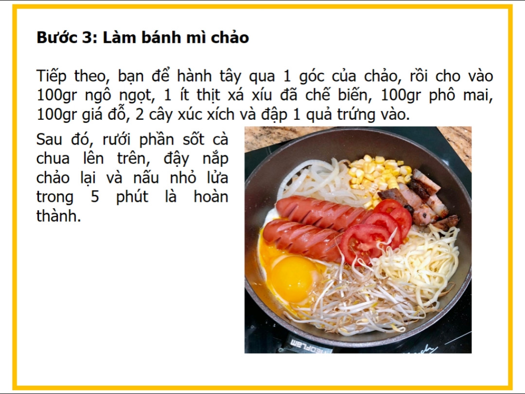 Công thức nấu Bánh mì chảo với thịt xá xíu, xúc xích, trứng và phô mai