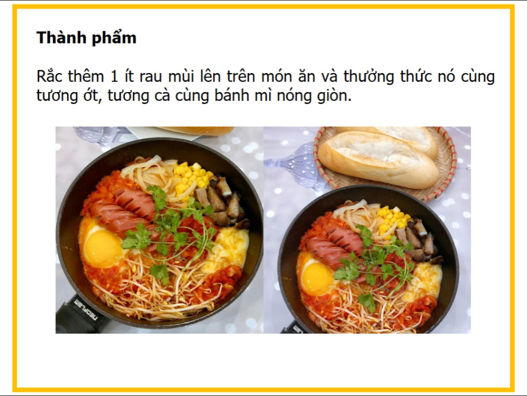 Công thức nấu Bánh mì chảo với thịt xá xíu, xúc xích, trứng và phô mai