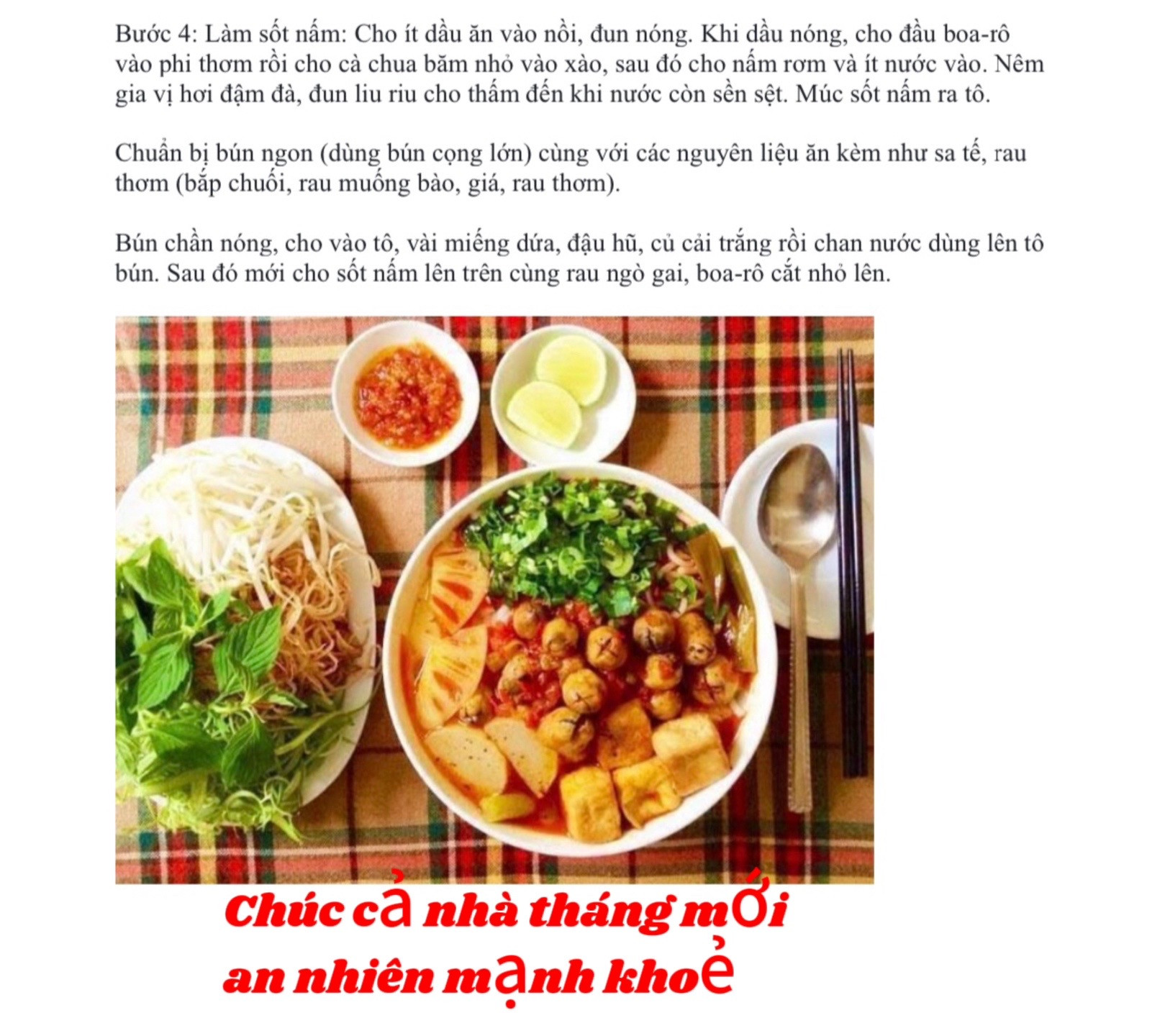 Công thức nấu Bún chay Huế với nấm rơm, đậu hũ và rau củ