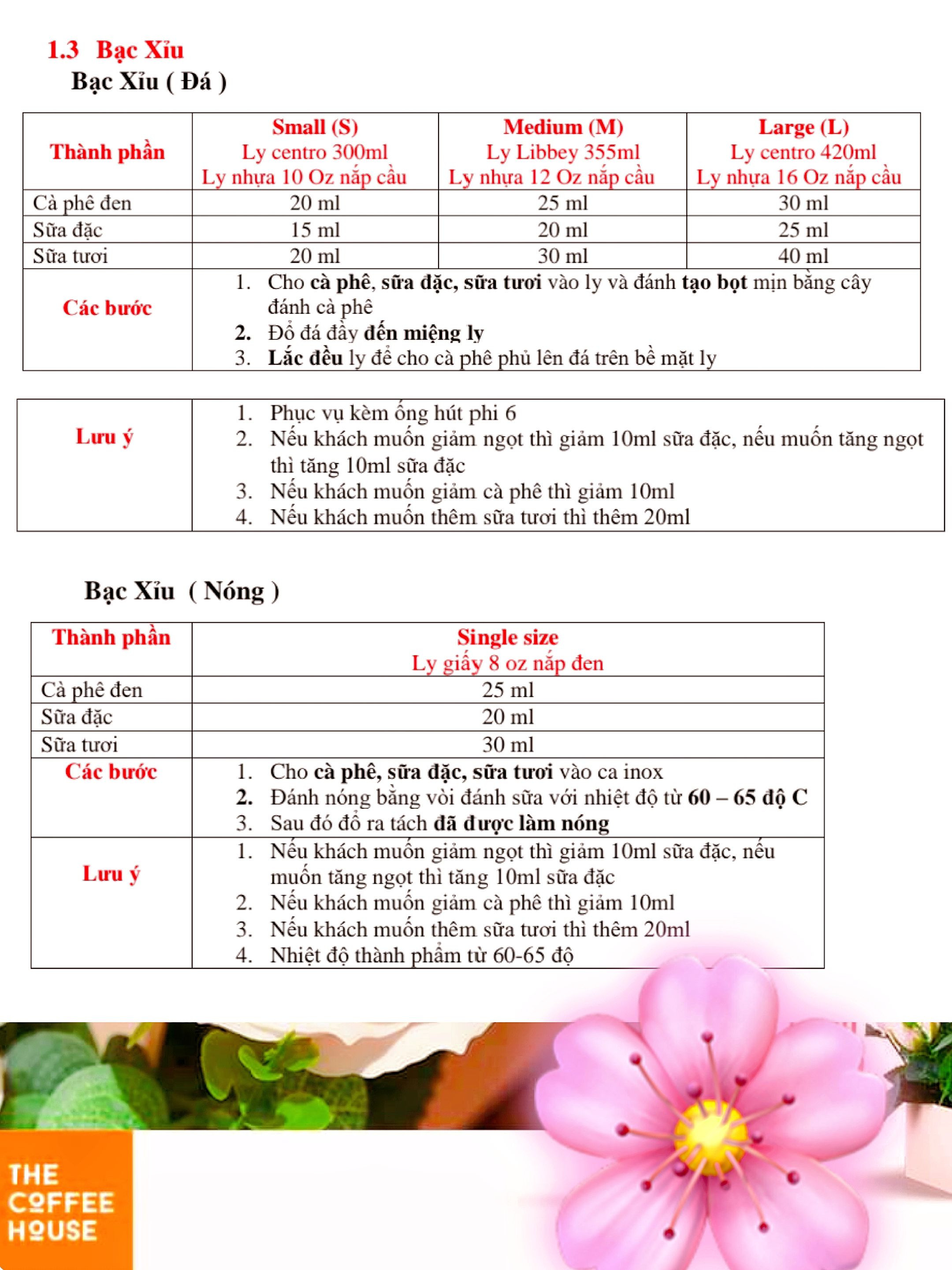Công thức pha chế Cà phê Việt Nam, Bạc Xỉu và Espresso của The Coffee House