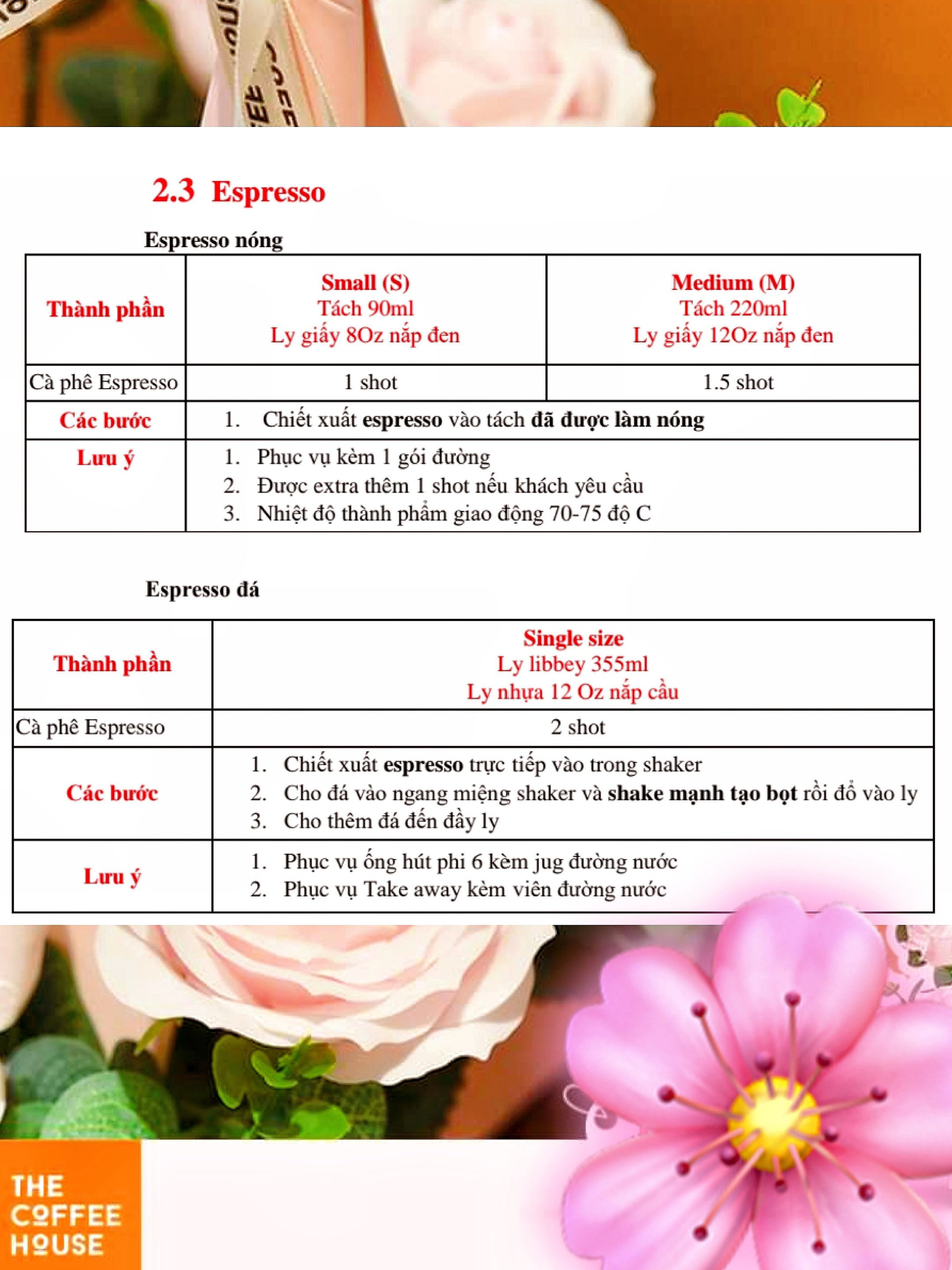 Công thức pha chế Cà phê Việt Nam, Bạc Xỉu và Espresso của The Coffee House