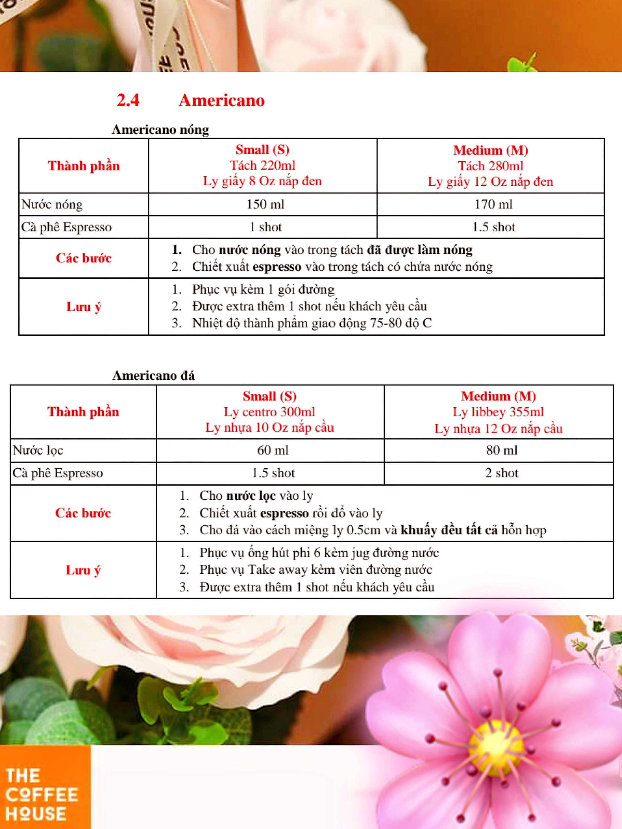 Công thức pha chế Cà phê Việt Nam, Bạc Xỉu và Espresso của The Coffee House